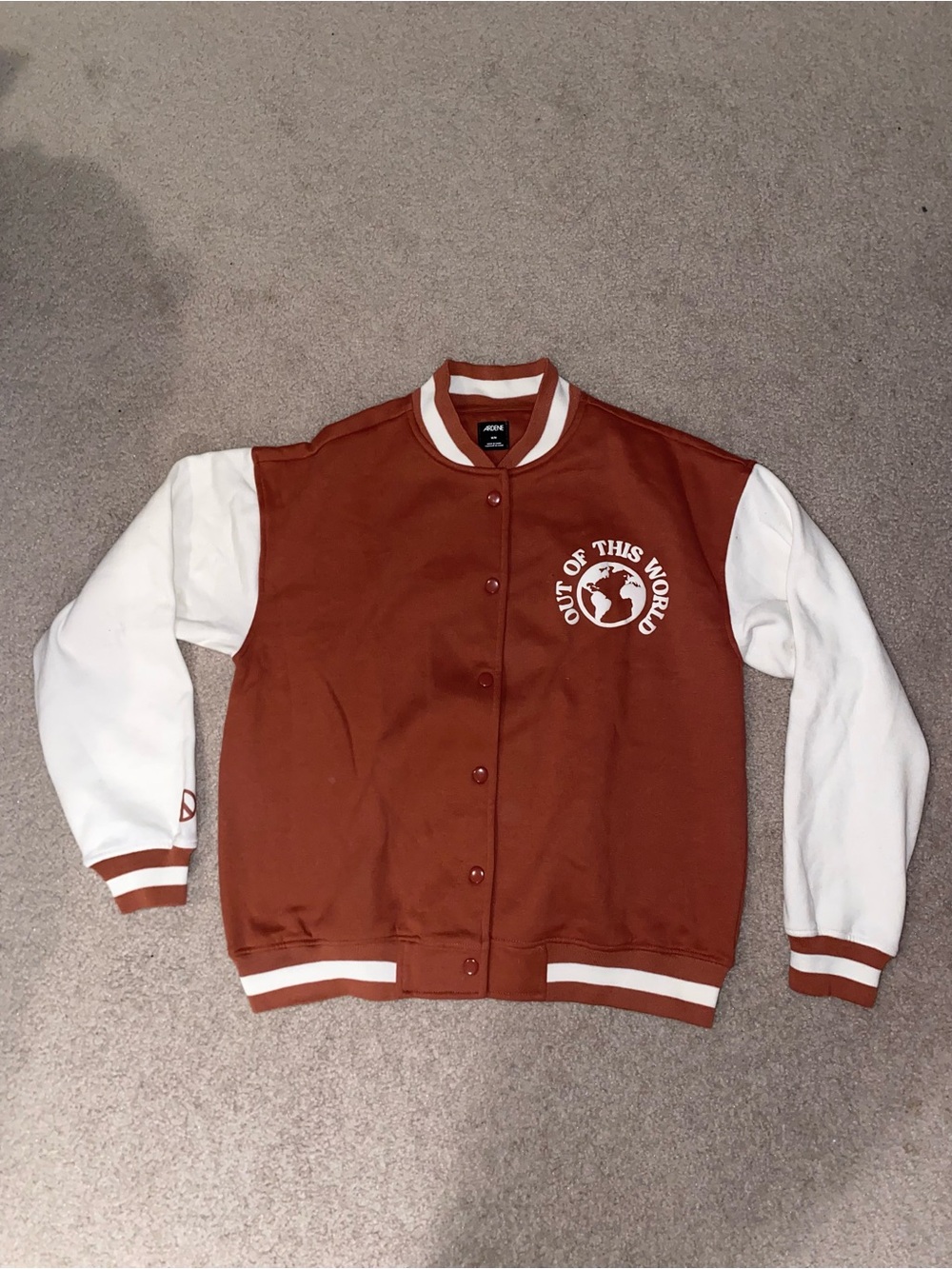 Ardene Rust & White Varsity Jacket with 'Out of This World' Graphic